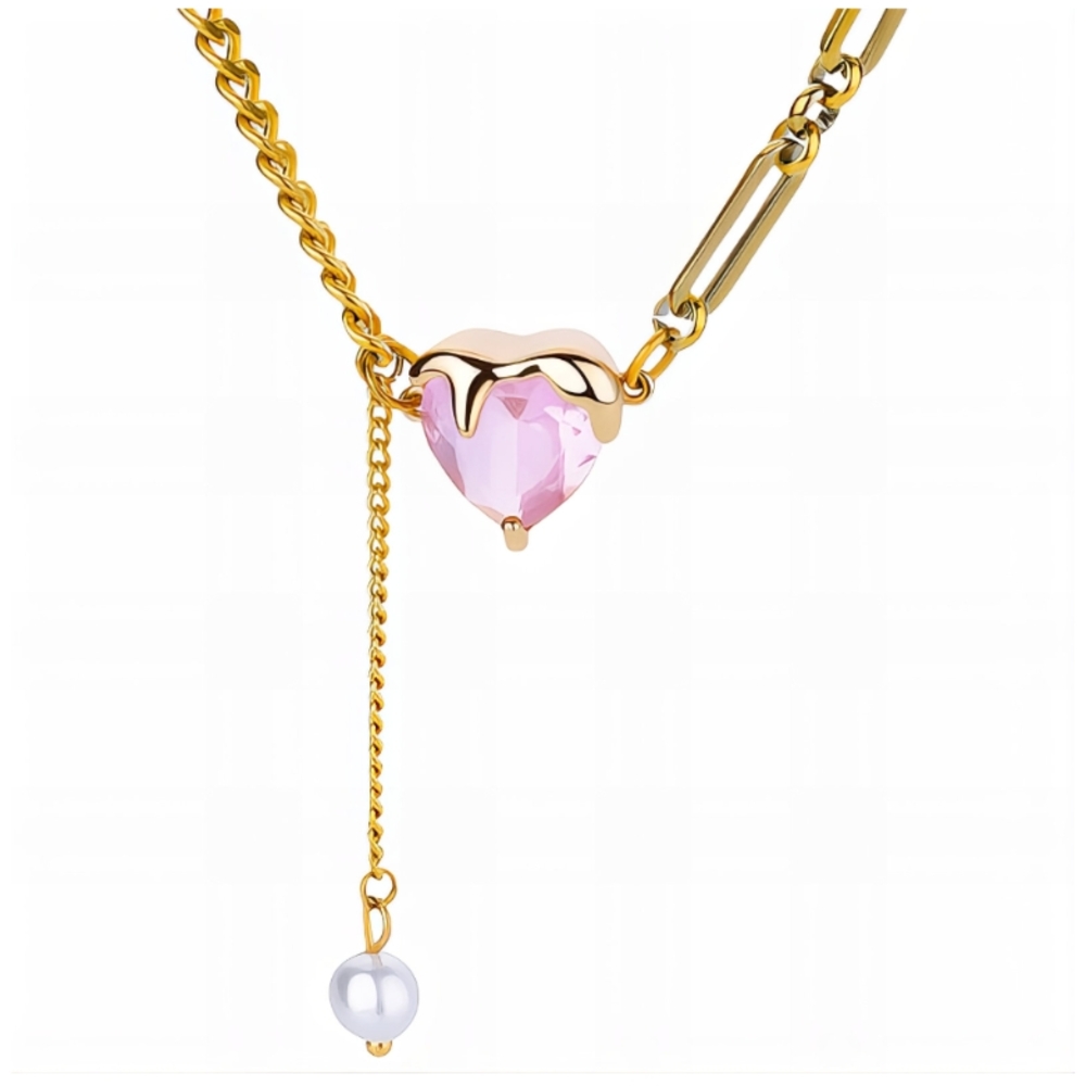 Pink Heart Crystal Gold Necklace with Drop Chain